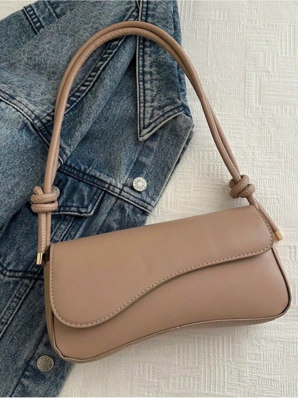 Classic Taupe Shoulder Bag with Knot Strap